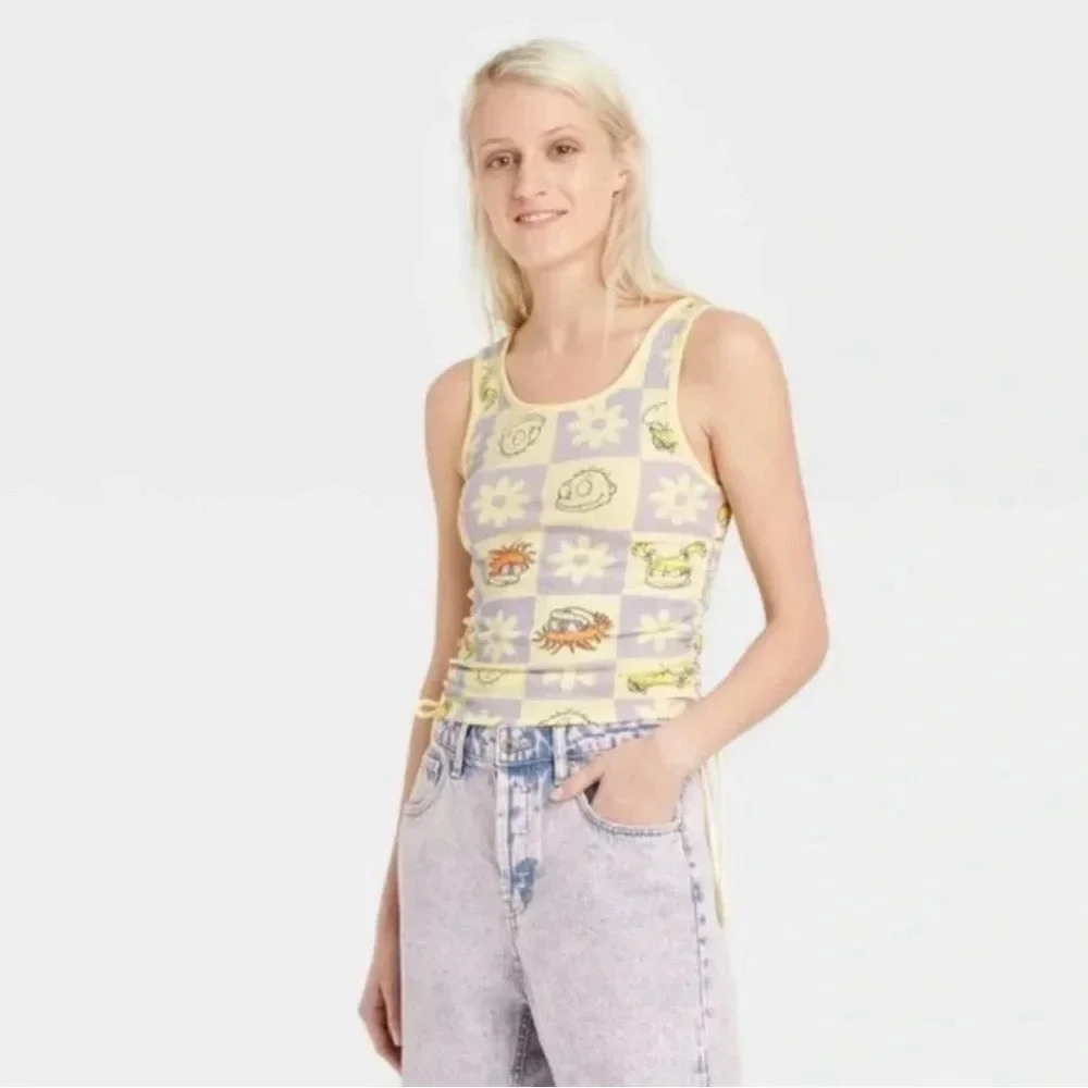 NICKELODEON Rugrats Top Yellow Cinched Ruched Tie Side Graphic Tank Top NWOT